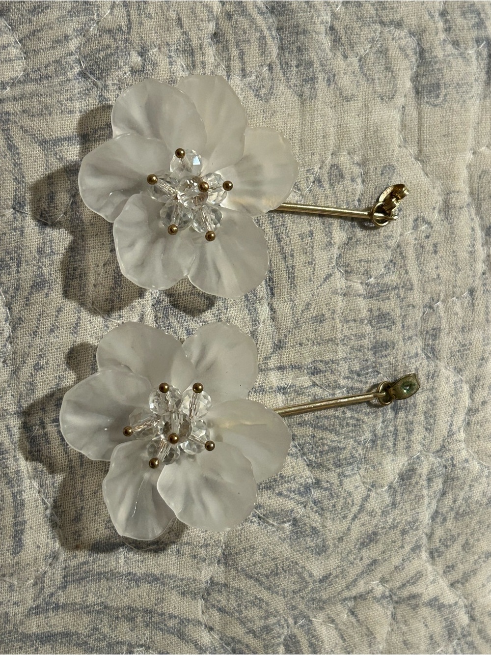 Delicate White Flower Drop Earrings with Crystal Centers